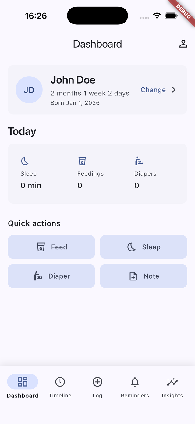 WeBabyLog dashboard: baby profile, today summary, quick actions