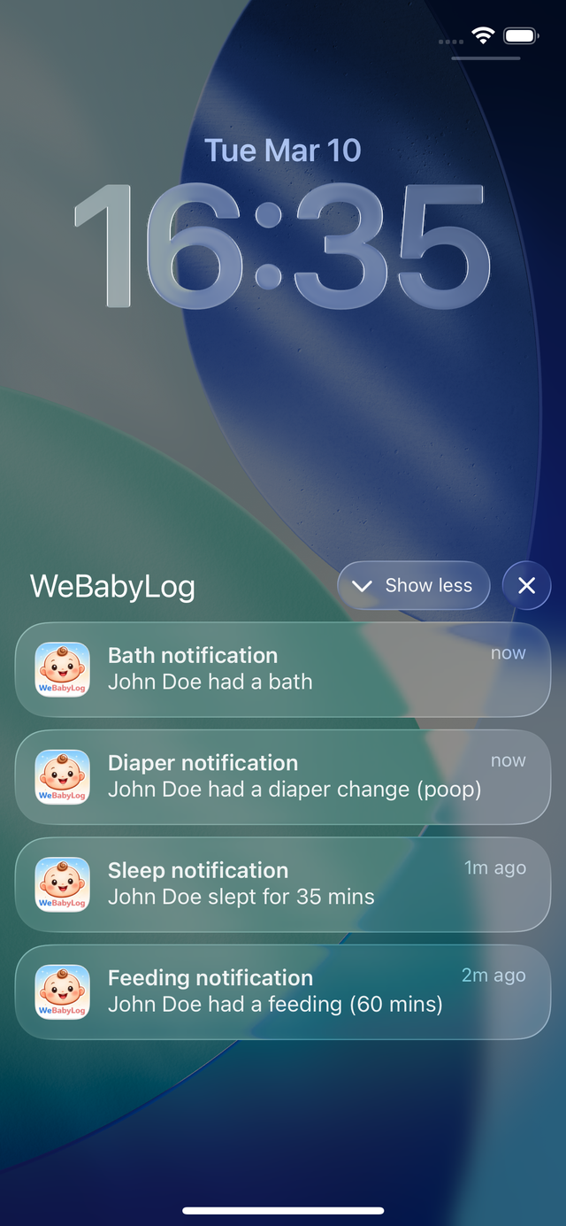 WeBabyLog notifications: bath, diaper, sleep, feeding