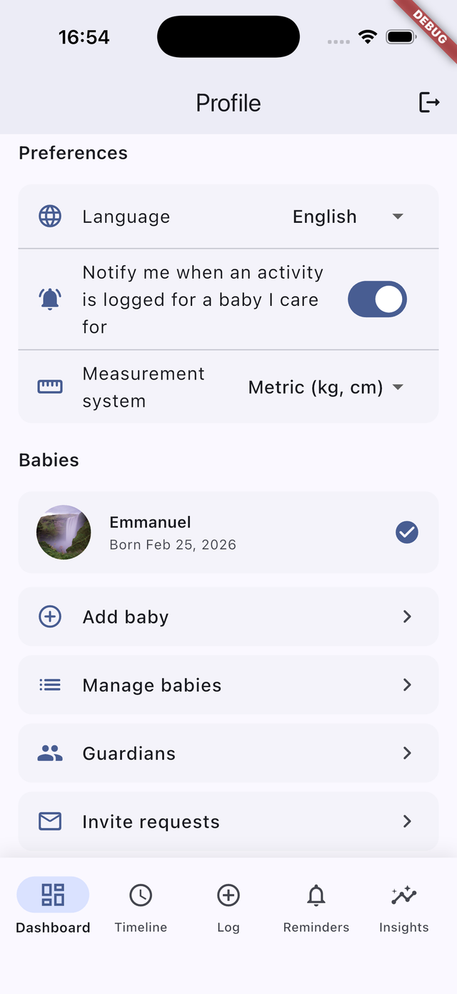 WeBabyLog profile: account and settings