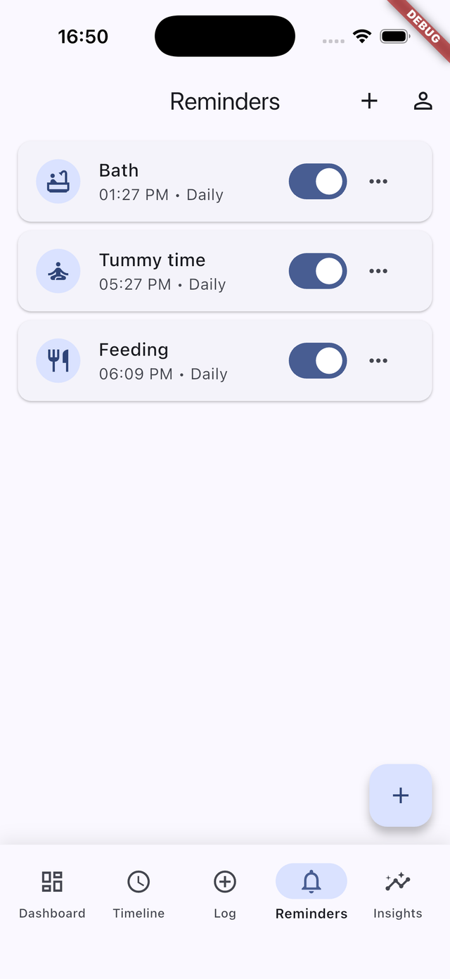 WeBabyLog reminders: feeding, medication, bedtimes
