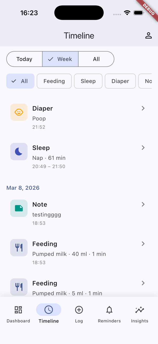 WeBabyLog timeline: shared activity feed